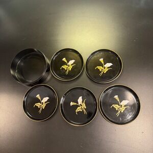 Asahi Coaster Set Vintage Black Calla Lily Floral Lacquerware Japan  No Lid